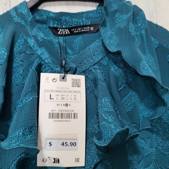 ZARA RUFFLED JACQUARD SHIRT DUCK GREEN SIZE L | 2285/893/538 - Picture 8 of 12